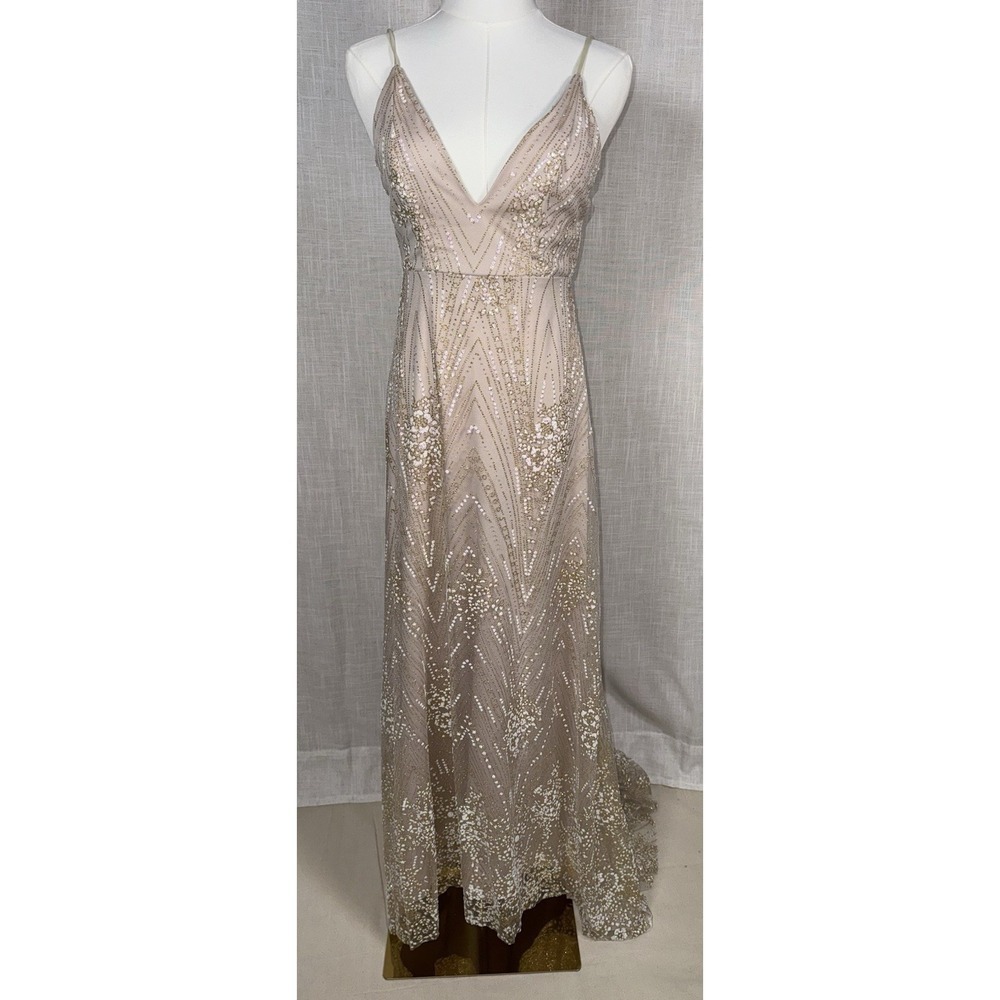 Showpo Maxi Dress Formal Women's Beige Gold Train US 4 Glitter Flower Lace